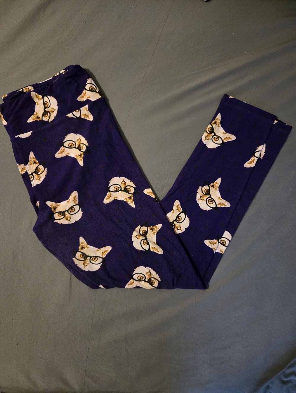LULAROE Purple Cat Print Leggings - Cute Glasses Cat Design
